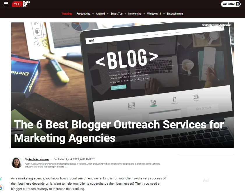 Example best of listicle on MakeUseOf: The 6 Best Blogger Outreach Services for Marketing Agencies