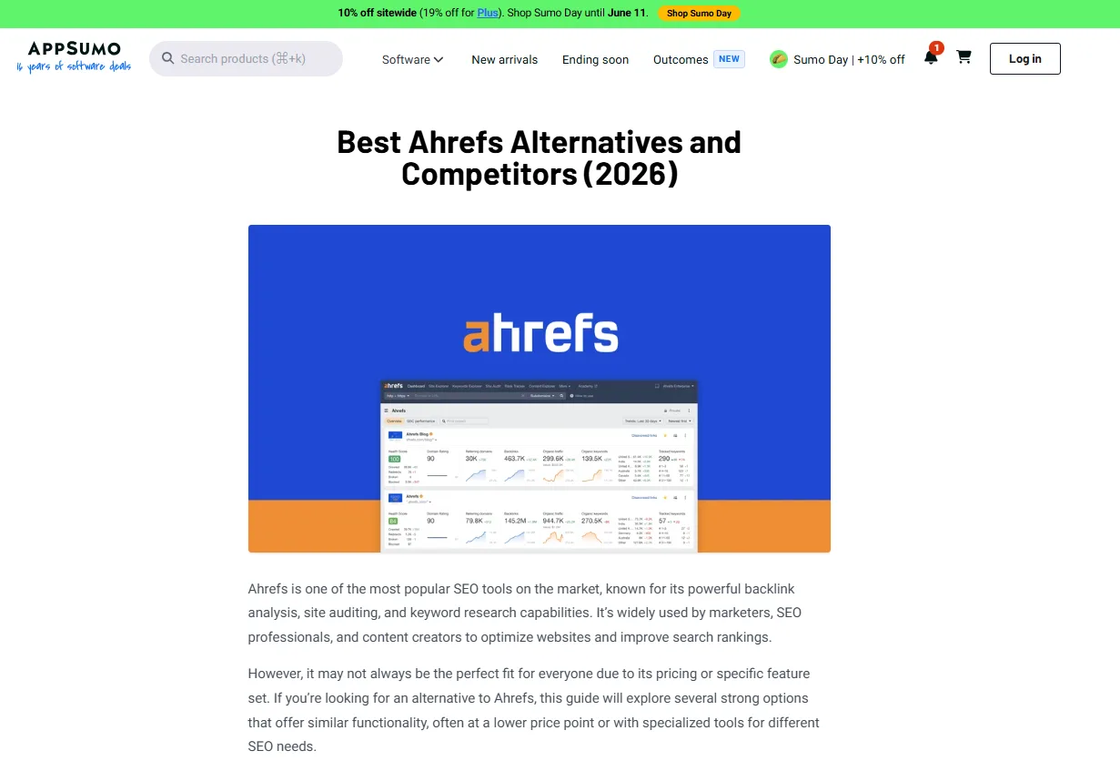 Example comparison listicle on AppSumo: Best Ahrefs Alternatives and Competitors